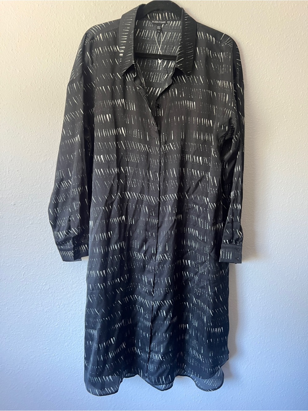 Eileen Fisher Silk Organic Cotton Black Printed Shirt Dress Large - Picture 5 of 9